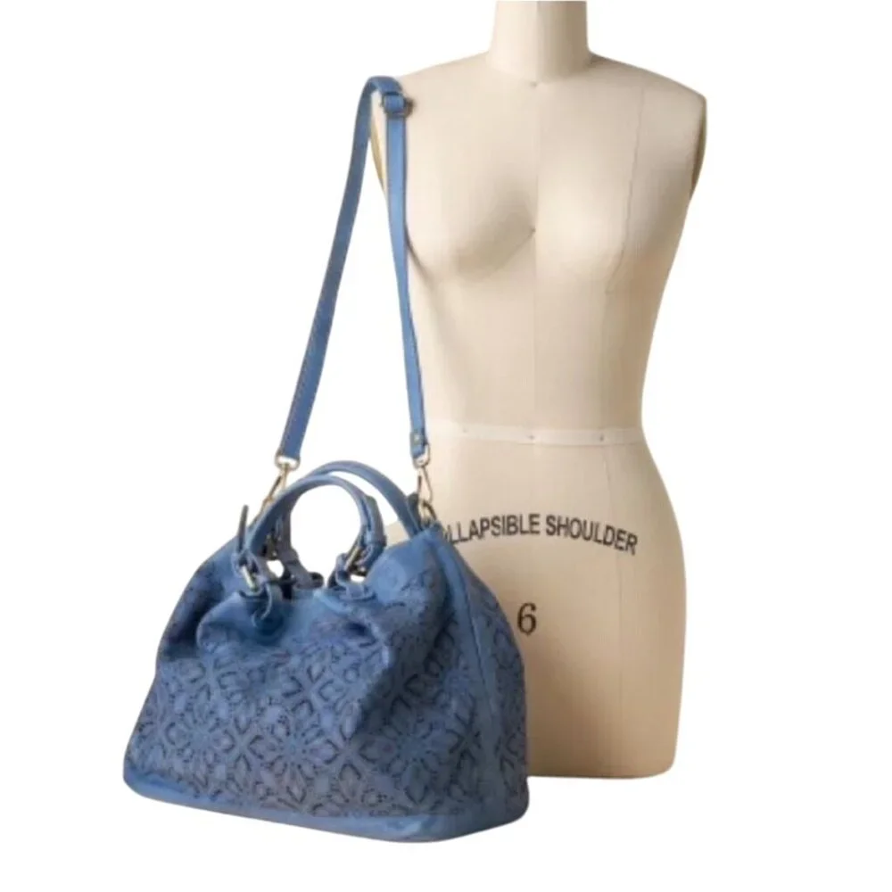 Sundance Medeira Blue Laser Cut Leather Shoulder Bag Satchel Double Top Handle - Picture 4 of 8